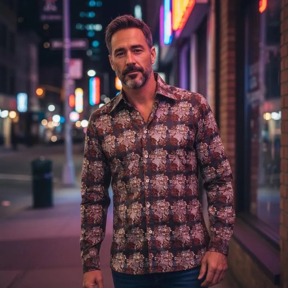 Vintage Men's Button Up Shirt Disco 70s Long Sleeves Collared Brown Size Medium